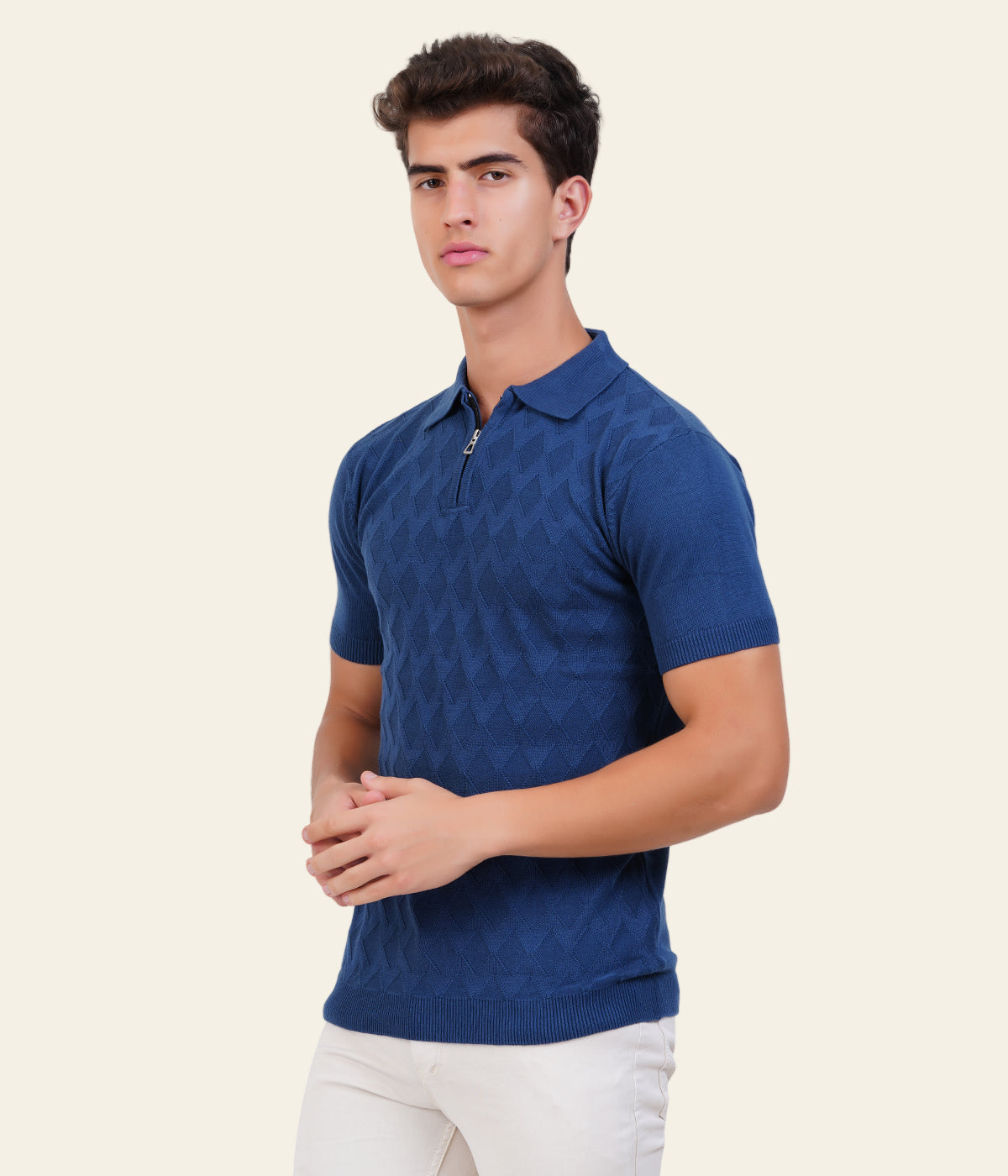 Men’s Knitted Cotton Polo T-Shirt - Old Money Style with Jacquard Texture
