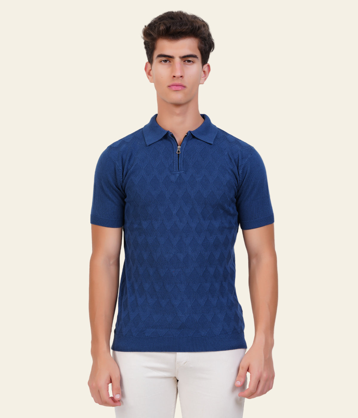 Men’s Knitted Cotton Polo T-Shirt - Old Money Style with Jacquard Texture