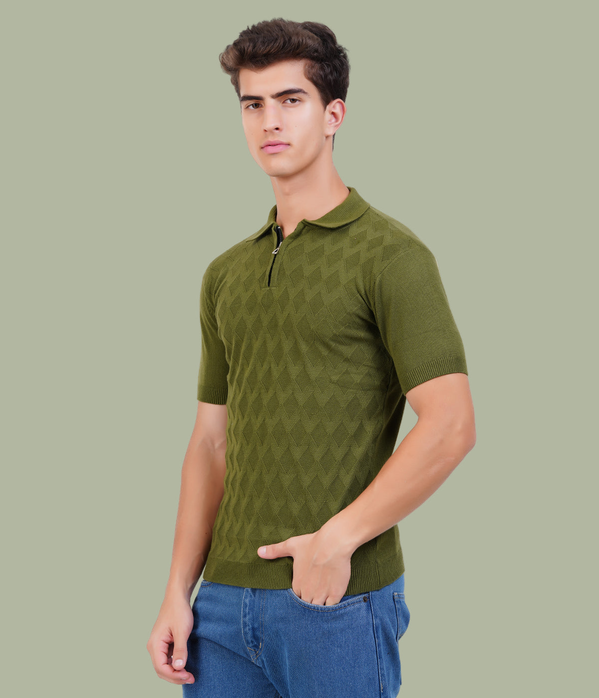 Men’s Knitted Cotton Polo T-Shirt – Old Money Style with Jacquard Texture